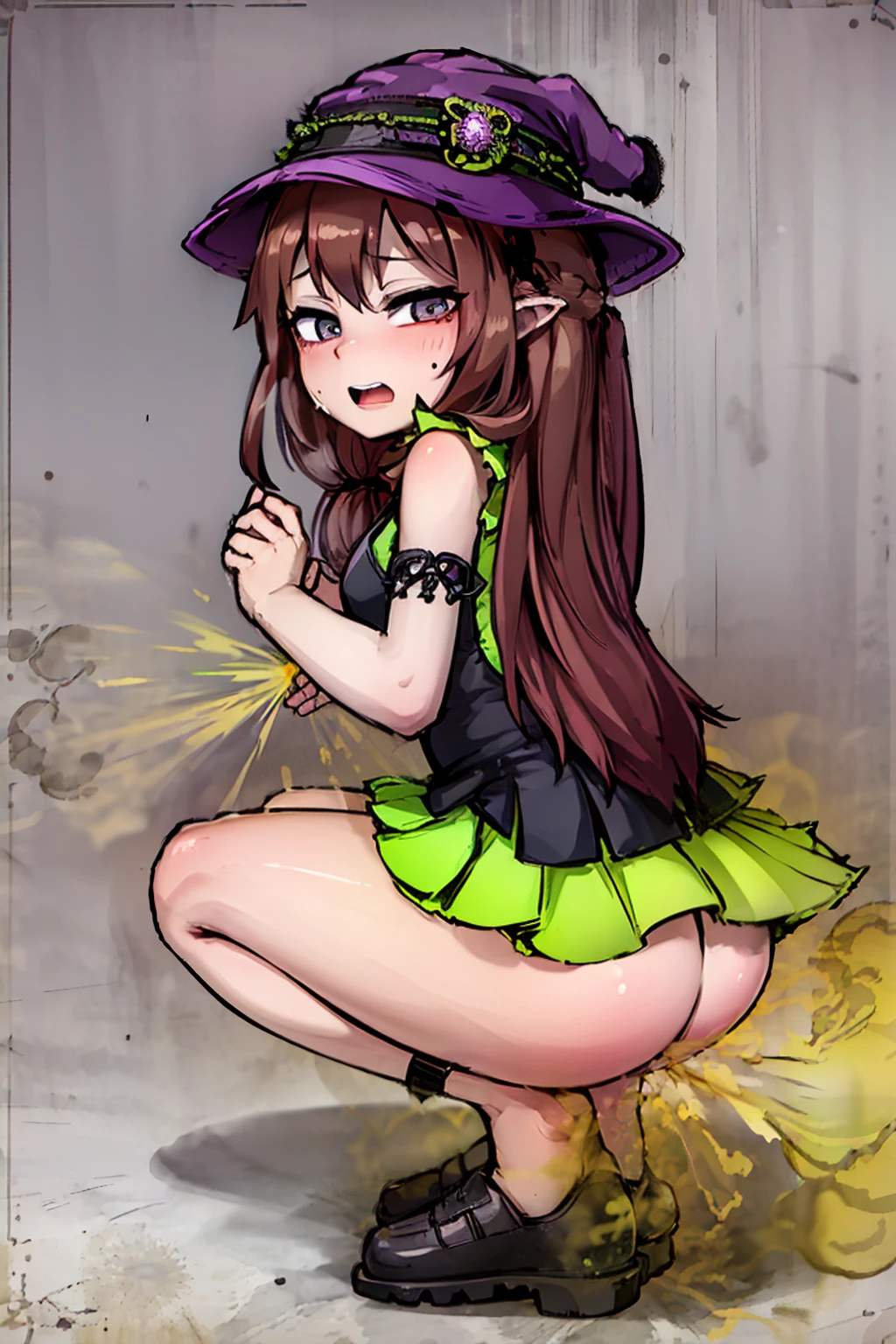 Witch Hat (Brown Hair) Long Hair (((Small breasts))) (Purple Eyes) (((child))) (Slanted Eyes) (((low length))) ,(Turn around) (((solo))), Embarrassed, blush, uniform、 (((A girl farts)))Standing with legs together、((Squat))
、(Holding on)((Her butt is facing me)) ((( face)))(((Yellow gas leaking from the anus)))(((high quality)))