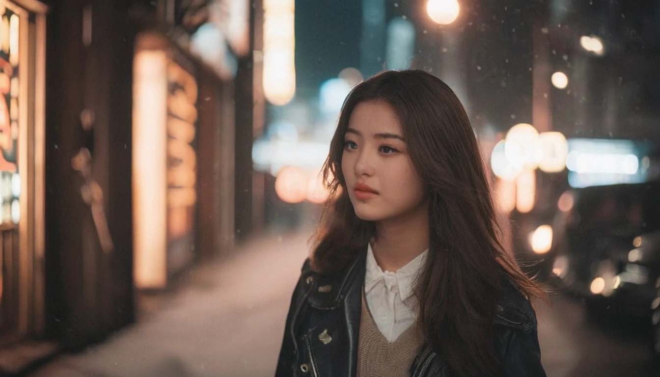 35mm vintage street photo of a very cute lady, 20 years old, having fun, walking in the street , confused , bokeh, professional