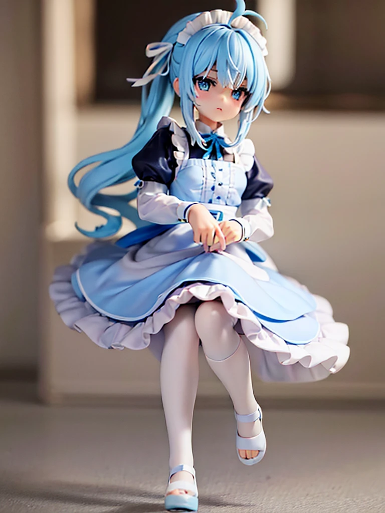 One Girl,Light blue hair,Yellow and light blue eyes,Odd Eye,Long ponytail,Bangs,Ahoge,Maid clothes,Big white ribbon in hair,Android,Figure style,whole body,Character portrait.toes