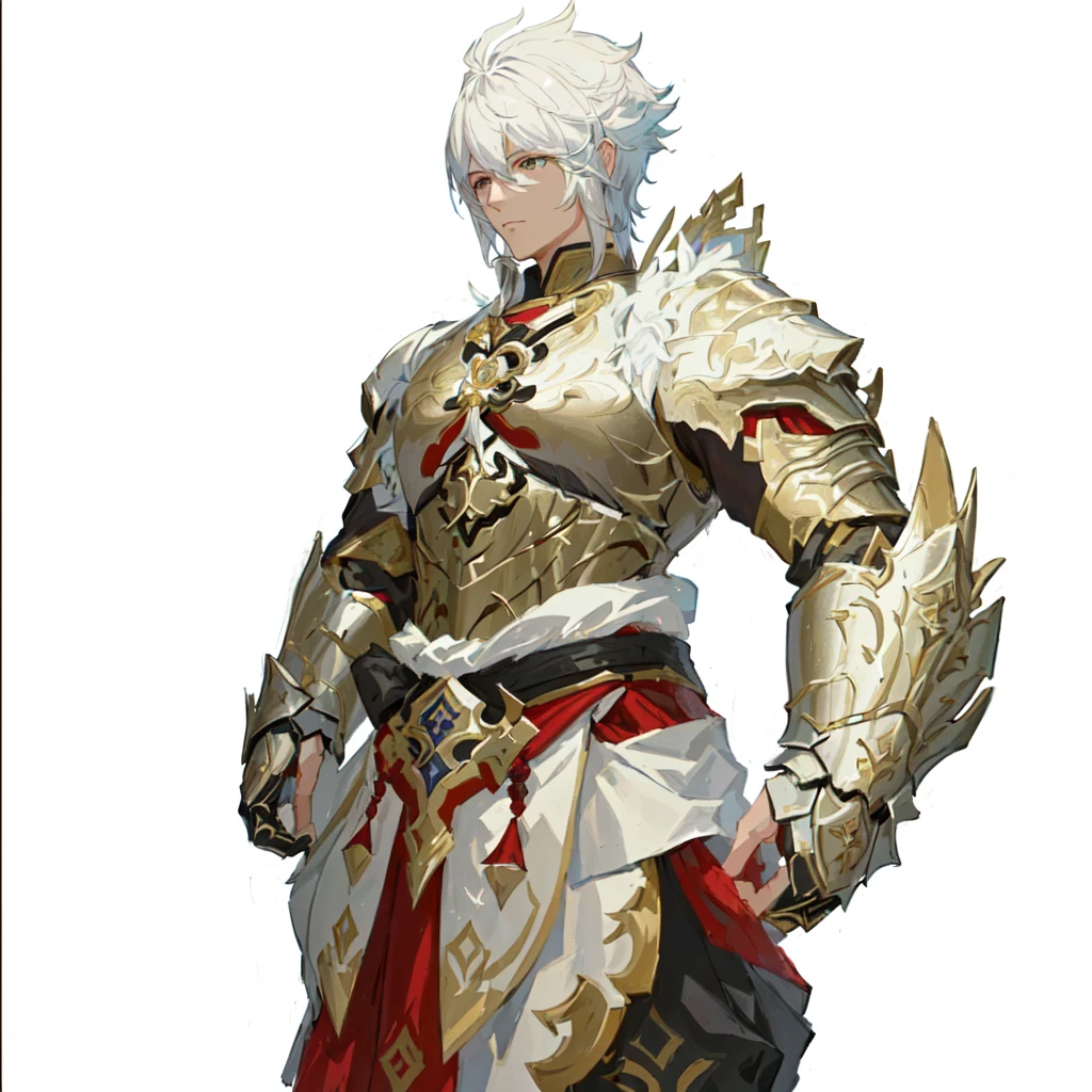 a close up of a person in a costume with a sword, zhongli from genshin impact, thancred waters in style of wlop, genshin impact character, by Yang J, heavy white and golden armor, a human male paladin, loong, keqing from genshin impact, intricate white and gold armor, male paladin, epic exquisite character art