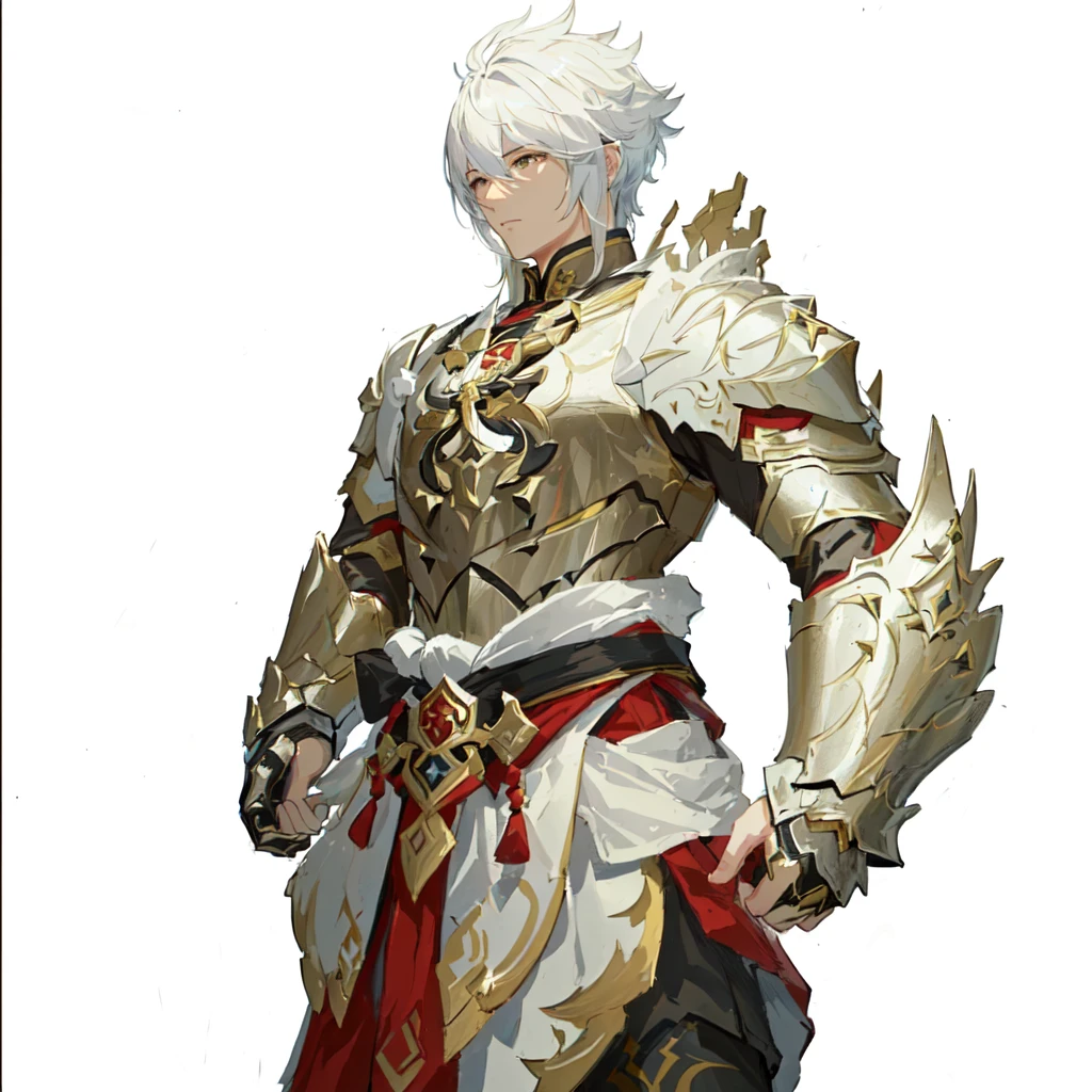a close up of a person in a costume with a sword, zhongli from genshin impact, thancred waters in style of wlop, genshin impact character, by Yang J, heavy white and golden armor, a human male paladin, loong, keqing from genshin impact, intricate white and gold armor, male paladin, epic exquisite character art