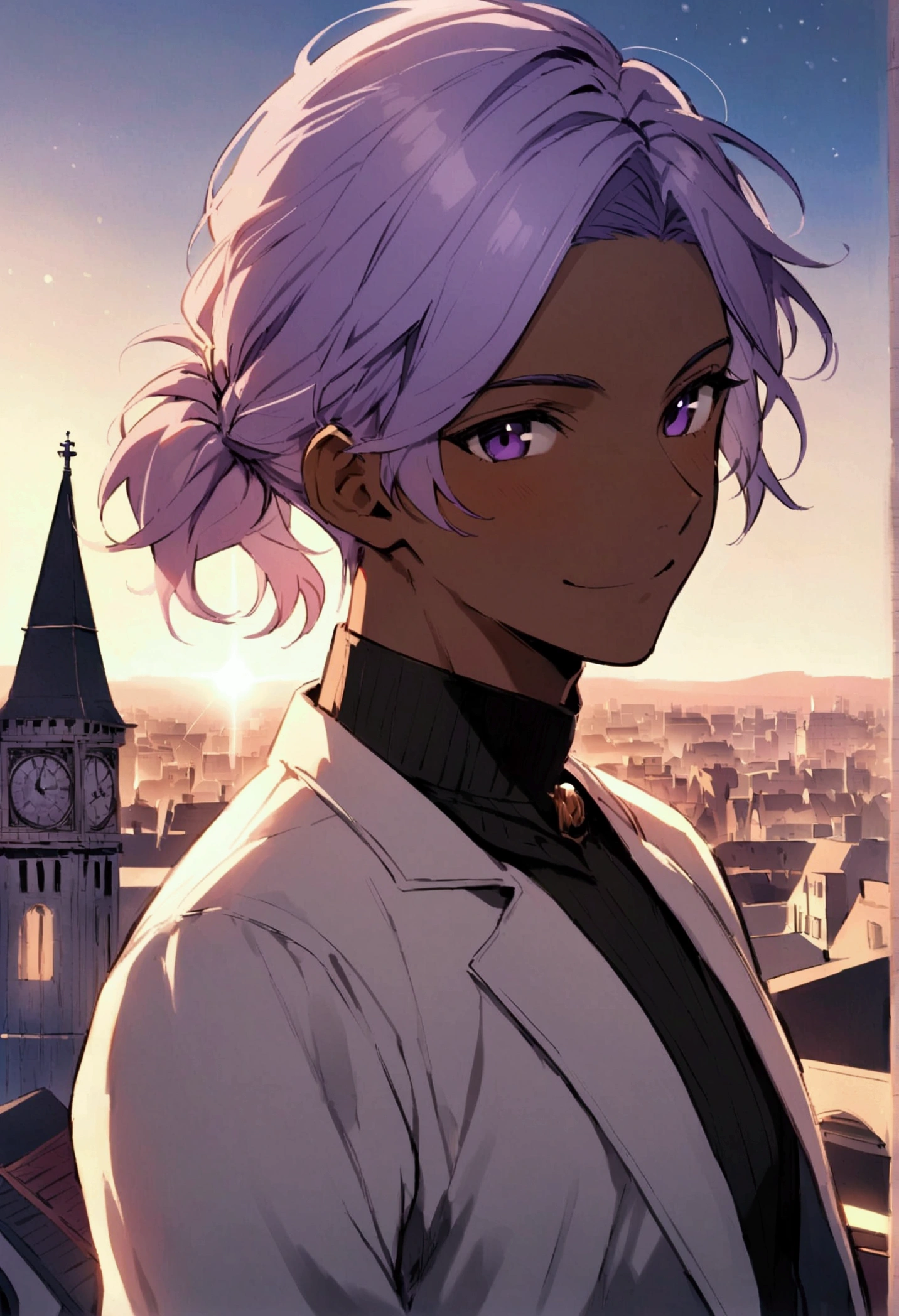 Beautiful youth,One Man,27 years old,Brown Skin,Light purple hair,Purple eyes,Upper Body,Simple hairstyles,masculine body,smile,Standing on top of the clock tower,Light shines in,Backlight,A cityscape can be seen in the background