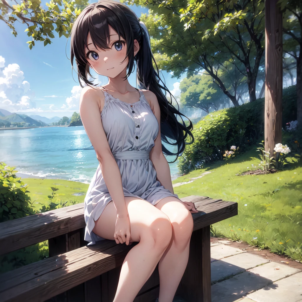 The background is in the style of Makoto Shinkai, with the viewer sitting in nature under a clear blue sky.。
Hatsune Miku in a shoulder-baring dress。
The color of the dress is white。
A sexy, mature atmosphere reminiscent of Minato Ward girls。
Hair is straight。