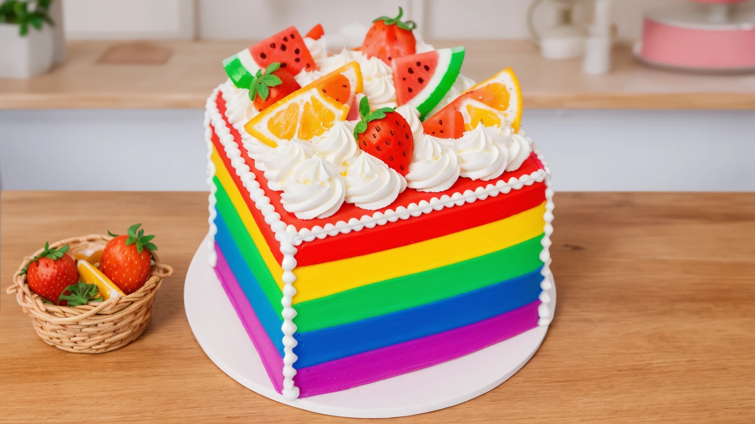 on a wooden table, there is a white plate. worth a cake made from rainbow fondant, decorated with white cream, orange, watermelon and strawberries made of polymer clay. There is a basket of fruit on the table next to it, in the background there is a kitchen with kitchen utensils, window in the background, Beautiful light from the window, Beautiful sunlight, bright lighting,  beautiful light source, realistic style, realistic texture, Detailed style, high quality, A high resolution, ultra hd 4k