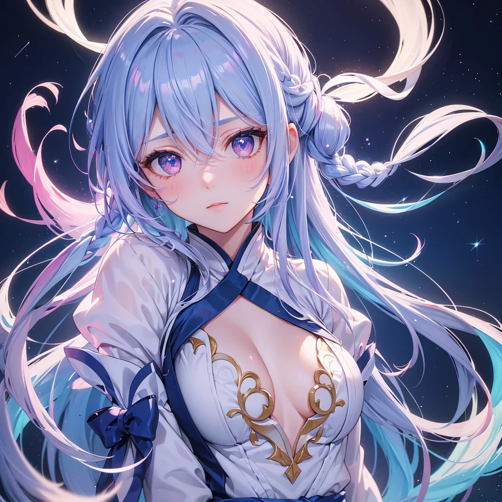 (Sky blue braid hair),Pink Eyes,Fair skin ,(whole body),(One girl),Hanfu,(The beautiful, sparkling Milky Way in the night sky),Lonely Eyes,,(masterpiece, Highest quality, Very detailed, Best Shadow), (Detailed Background), (Beautifully detailed face), High Contrast, (Best lighting, Very delicate and beautiful), ((Cinematic Light)), colorful, Hyper Detail, Dramatic Light, Intricate details,