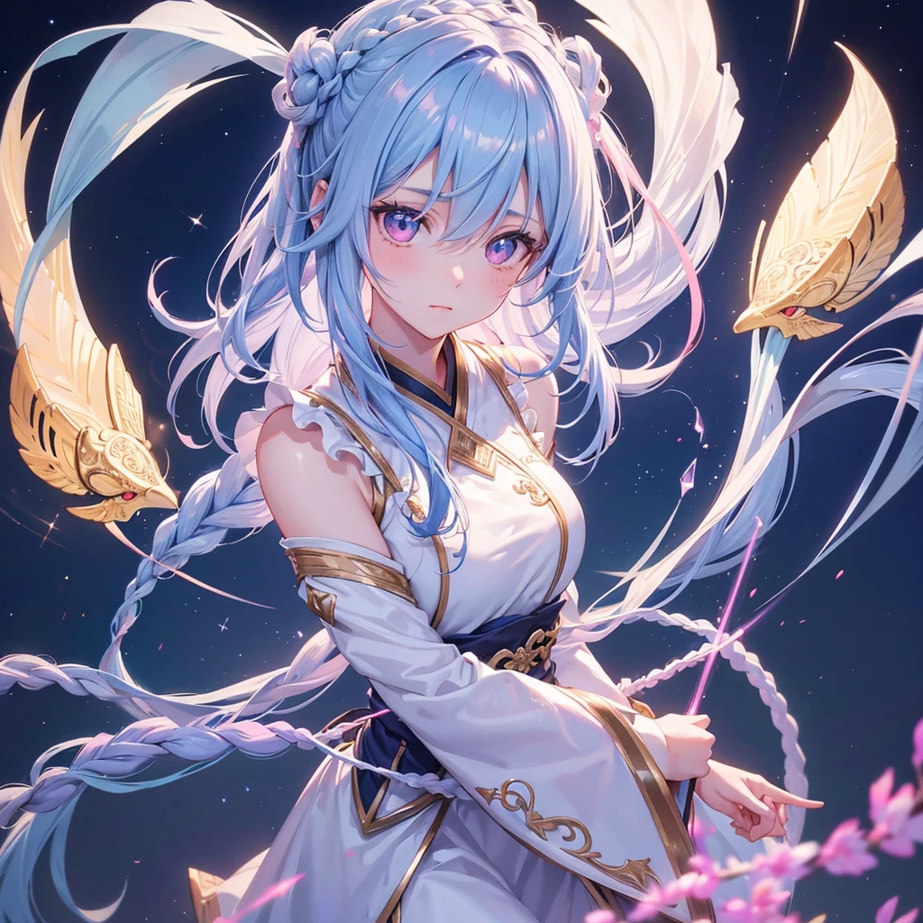 (Sky blue braid hair),Pink Eyes,Fair skin ,(whole body),(One girl),Hanfu,(The beautiful, sparkling Milky Way in the night sky),Lonely Eyes,,(masterpiece, Highest quality, Very detailed, Best Shadow), (Detailed Background), (Beautifully detailed face), High Contrast, (Best lighting, Very delicate and beautiful), ((Cinematic Light)), colorful, Hyper Detail, Dramatic Light, Intricate details,