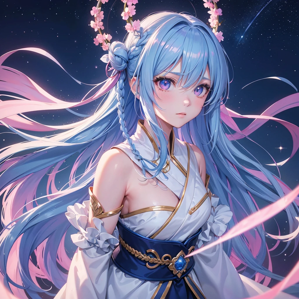 (Sky blue braid hair),Pink Eyes,Fair skin ,(whole body),(One girl),Hanfu,(The beautiful, sparkling Milky Way in the night sky),Lonely Eyes,,(masterpiece, Highest quality, Very detailed, Best Shadow), (Detailed Background), (Beautifully detailed face), High Contrast, (Best lighting, Very delicate and beautiful), ((Cinematic Light)), colorful, Hyper Detail, Dramatic Light, Intricate details,
