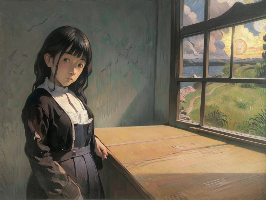 stunning minimalist painting, by Claude Monet, by Van Gogh, by Andrew Wyeth, by Hasui Kawase, nude young woman, loneliness, shy, kind, wide shot, open window, seascape, sunset, split complementary colours, light and shadow, volumetric lighting, thick black outlines, masterpiece,
