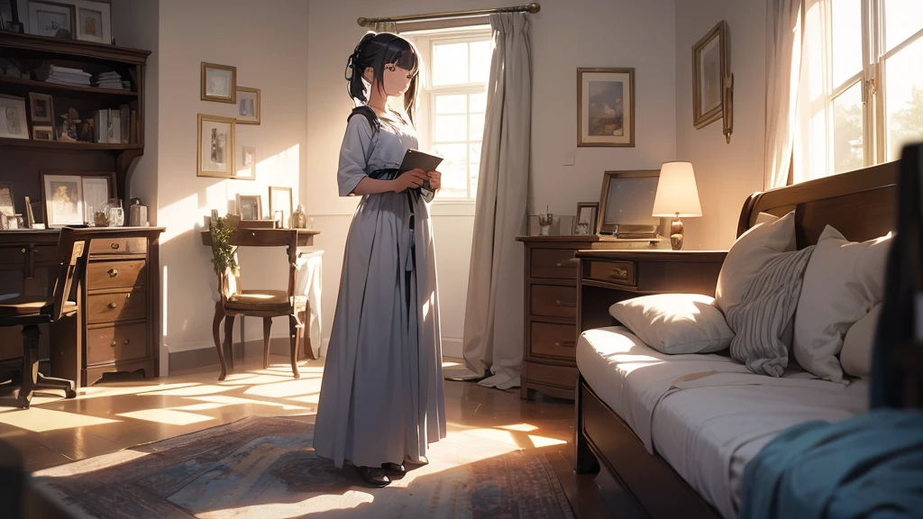 An anime girl standing in a softly lit room with a melancholic expression. She faces a tall mirror that reflects a shattered image, symbolizing broken dreams and unfulfilled expectations. The background shows a cozy room with personal items scattered around, indicating a once cherished relationship. A window lets in the soft light of a setting sun, casting long shadows and a warm glow, symbolizing the passage of time and fading hopes. The girl's posture is slightly slumped, conveying her emotional struggle. In her hand, she holds a photo of someone she once admired, now realizing the truth about them. The atmosphere is filled with a sense of sadness and realization, but also a hint of strength as she begins to accept the reality and move on. The lighting enhances her reflective mood, with shadows accentuating the depth of her emotions.
