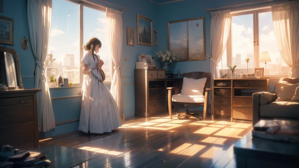 An anime girl standing in a softly lit room with a melancholic expression. She faces a tall mirror that reflects a shattered image, symbolizing broken dreams and unfulfilled expectations. The background shows a cozy room with personal items scattered around, indicating a once cherished relationship. A window lets in the soft light of a setting sun, casting long shadows and a warm glow, symbolizing the passage of time and fading hopes. The girl's posture is slightly slumped, conveying her emotional struggle. In her hand, she holds a photo of someone she once admired, now realizing the truth about them. The atmosphere is filled with a sense of sadness and realization, but also a hint of strength as she begins to accept the reality and move on. The lighting enhances her reflective mood, with shadows accentuating the depth of her emotions.
