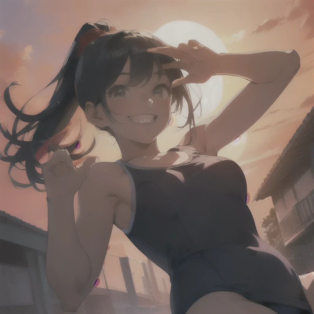 Tabletop, Highest quality, Ultra-detailed illustrations，Beautiful artwork，One Girl、alone，(Navy school swimsuit:1.2)，(Black hair color)，(ponytail)，(Big smile:1.5)，(tsurime)，(Please open your mouth wide)，(Cowboy Shot)，(Bright sky:1.3)，(Red sunlight:1.5)，(Jumping)，(swimming pool:1.2)，(From below)，(Raise the hand)，(Underarm) ，Small breasts，