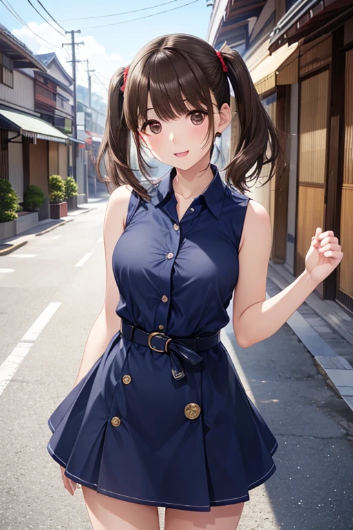 anegasaki nene、Shiny brown hair, short hair, (Beautiful brown eyes、Sparkling eyes, Fine grain)、smile、Ultra-detailed eyes、Very detailedな顔, Very detailedな目,

(Highest quality,masterpiece:1.3,Ultra-high resolution),(Very detailed、Caustics) (Realistic:1.4, RAW shooting、)Ultra-Realistic Capture、Very detailed、Natural skin texture、masterpiece、(Japanese woman wearing a sleeveless navy button-down shirt dress:1.3), Ring Belt、Adorable expression、Expressions of happiness、Young Face、Amazingly cute、Twin tails、Straight hair、Scrunchie、、light makeup、necklace、Shining thighs、Skin Arm、Background details、smile、An inviting gaze、Anatomically correct、Cowboy Shot、Attention to detail、Photographed on the main street of a summer resort、karate、