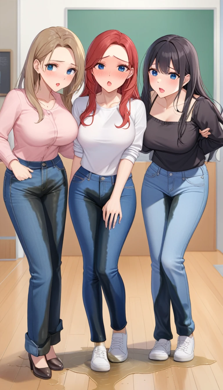 ((best quality, masterpiece:1.3, 8K)), (detailed), highly detailed face and skin texture, detailed eyes, full body, (slender body:1.1), (a group of 3 girls:1.5), 25 years old, white skin, bright lips, worried, embarrassed, panicking, long hair, (forehead:1.0), large breast, (jeans pants:1.2, blue jeans:1.2), (wetting themself:2.5, desperation:1.2),