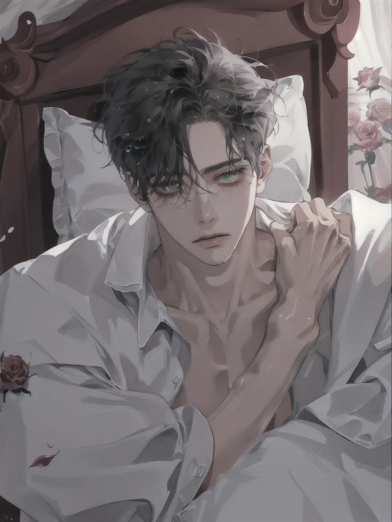 1Junge, portrait, Ohrringe, Allein,Lippen, Male focus, Green eyes, Blick auf den Betrachter, graue Haare, kurzes Haar, geschlossenen Mund, anime boy lying on the bed with rose petals, wet body, bed, without any clothing except underwear, high quality fanart, hot expression, Beast, at pixiv, official fanart, pixiv, detailed fanart, relaxing, levi ackerman, in in the bedroom, relaxing environment, relaxing mood, by Shingei, anime asthetic, relaxing concept art, wet anime boy, with rose petals on the bed, beautiful atmosphere, hot anime boy, cute, beautiful body art, hot pose, beautiful, pretty face, cute pretty face, big cute eyes, beautiful expression