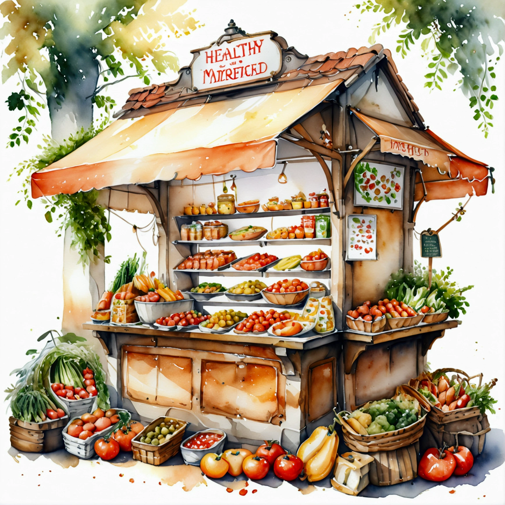traditional european food stall of healthy food, illustration, isolated with solid white background, surrounded with negative space, centered composition, 8k, highest detailed painting, very precise painting, Isolated, clear solid white background, perspective angle of view, cartoon style, ((watercolor:1)), clip art, (lora:add-detail-xl:1), (masterpiece), (best quality),