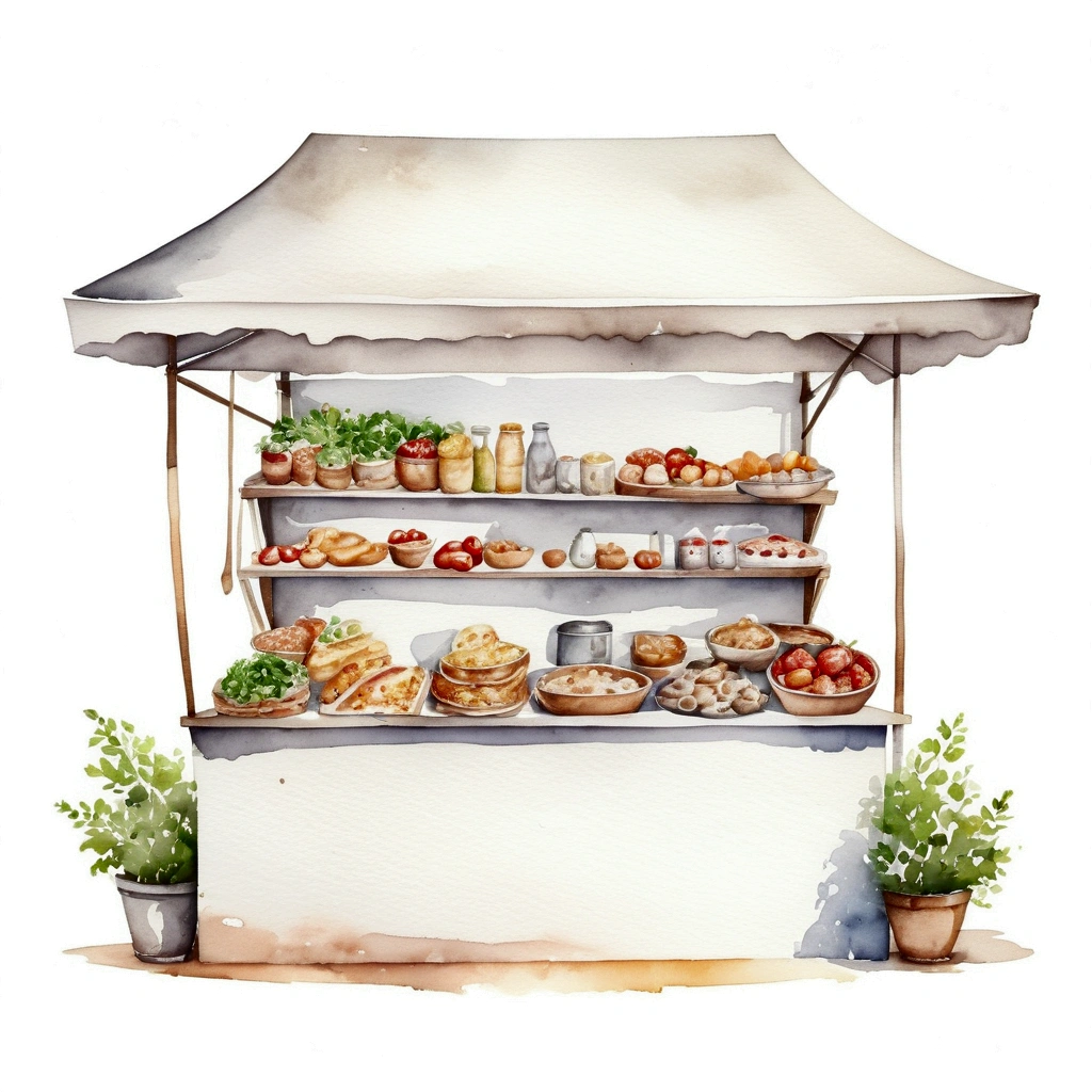 traditional european food stall of healthy food, illustration, isolated with solid white background, surrounded with negative space, centered composition, 8k, highest detailed painting, very precise painting, Isolated, clear solid white background, perspective angle of view, cartoon style, ((watercolor:1)), clip art, (lora:add-detail-xl:1), (masterpiece), (best quality),