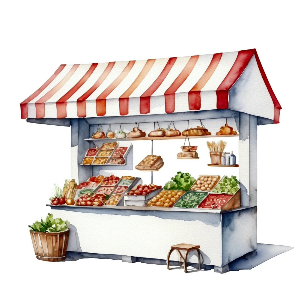 traditional european food stall of healthy food, illustration, isolated with solid white background, surrounded with negative space, centered composition, 8k, highest detailed painting, very precise painting, Isolated, clear solid white background, perspective angle of view, cartoon style, ((watercolor:1)), clip art, (lora:add-detail-xl:1), (masterpiece), (best quality),