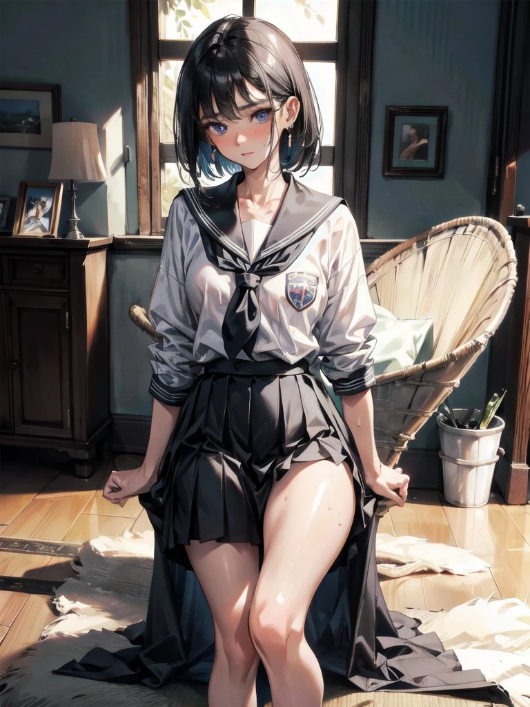 absurdres, RAW photo, extremely delicate and beautiful, masterpiece, Best Quality, ultra high resolution, 32k, hyperrealistic, ultra-detailed, perfect figure, in her 20s, very small head, very small face, delicate facial features, tearful mole, earring, huge breasts, legs, full body shot, medium hair, black hair, Colored inner hair, sweat, school_uniform,
