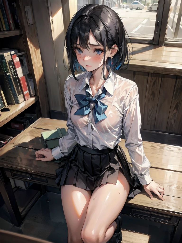 absurdres, RAW photo, extremely delicate and beautiful, masterpiece, Best Quality, ultra high resolution, 32k, hyperrealistic, ultra-detailed, perfect figure, in her 20s, very small head, very small face, delicate facial features, tearful mole, earring, huge breasts, legs, full body shot, medium hair, black hair, Colored inner hair, sweat, school_uniform,