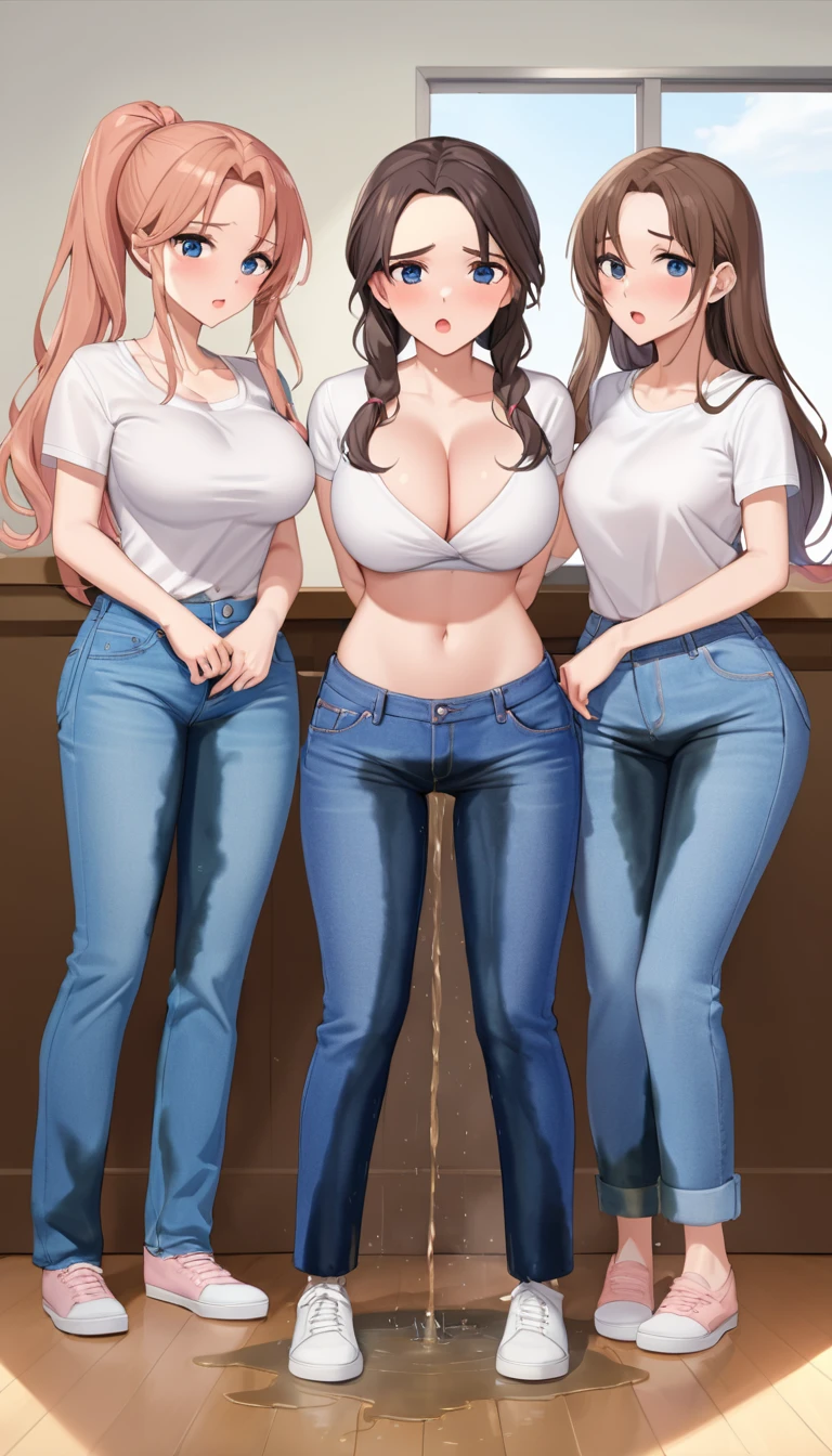 ((best quality, masterpiece:1.3, 8K)), (detailed), highly detailed face and skin texture, detailed eyes, full body, (slender body:1.1), (a group of 3 girls:1.5), 25 years old, white skin, bright lips, worried, embarrassed, panicking, long hair, (forehead:1.0), large breast, (jeans pants:1.2, blue jeans:1.2), (wetting themself:2.5, desperation:1.2),