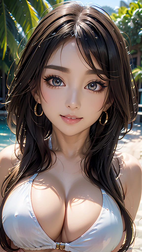 Very detailed, beautiful, highest quality, Professionally taken photos, Like a poster, detailed beautiful round eyes, beautiful detailed face, Whole Body Ezbian, Medium Long Hair, Casual Hairstyles, (Random color hair, Golden mesh), Big eyes, Random color eyes, Long eyelashes, Thick mascara, Dark eyeliner, (Huge breasts), (Bust about to burst:1.25), Wide selection, Thick waist), (Wide Hips:1.25, Toned thighs, Body Curves), 40 years old, woman, (White highleg bikini swimwear, white), (Short tight dress, Mini thght dress), Perfect Face, Perfect body, Sexy pose, (A shy smile), Random Location, nature, (alone), The light on my face,