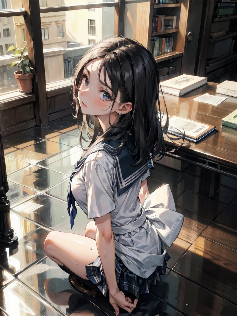 absurdres, RAW photo, extremely delicate and beautiful, masterpiece, Best Quality, ultra high resolution, 32k, hyperrealistic, ultra-detailed, perfect figure, in her 20s, very small head, very small face, delicate facial features, tearful mole, earring, huge breasts, legs, full body shot, medium hair, black hair, Colored inner hair, sweat, school_uniform,
