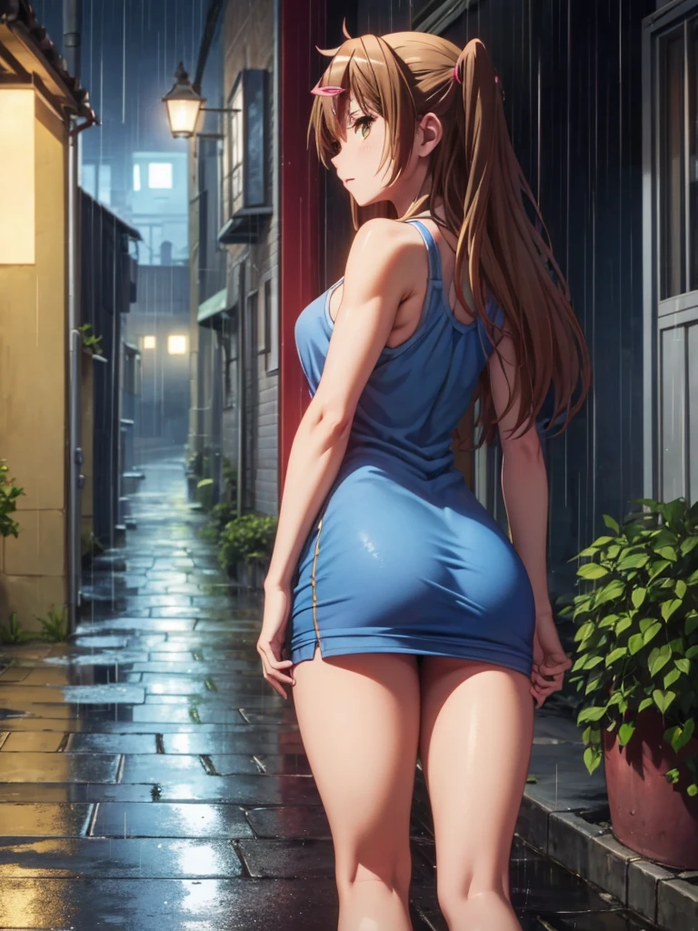 Girl, blue short tight dress , Bare breasts, chest visible, street  background, Narrow passage between houses, night, rain, slim body, In full growth, Sneakers, small breast, You can see the ass 
