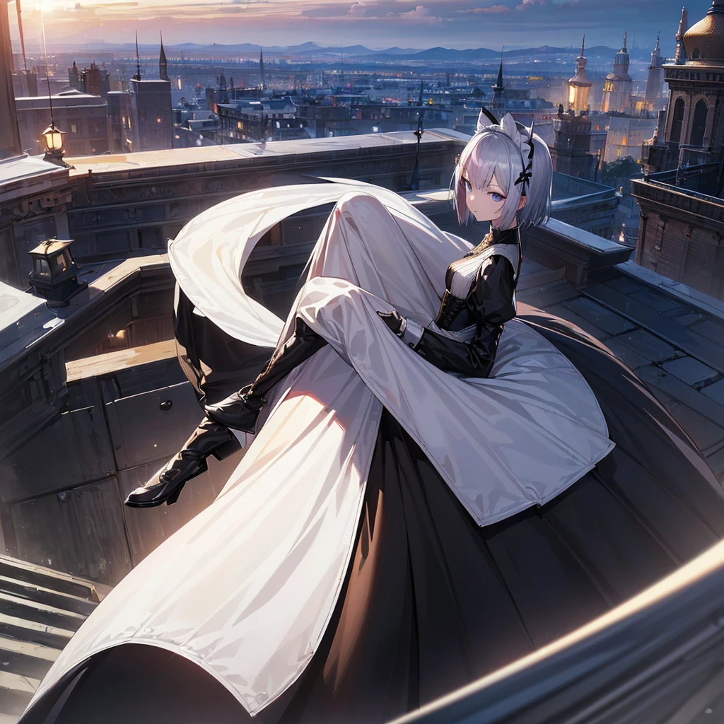Illustration of one person, Dengeki Bunko, Woman Looking Back, Perfect Human Medicine, Woman keeps falling, {{{{{Maid clothes}}}}},Small Tits,anime, Two legs, Cool,{{{{{50 year old woman}}}}} ,{{{{{a person is depicted}}}}},(Official Art、{{{{{Upper Bodyアングル}}}}},Highest quality、Unity 8k wallpaper、32k、masterpiece、Ultra-detailed、Ultra-high resolution, Realistic、Grab your hair with your hands, Photorealistic:1.2)、(Cinema Lighting:1.2)、,Fire Glow Effect、The most grainy shadows on the film、Rim Light、Side light、Side Shot、(Ultra-detailedで複雑な3Dレンダリング)、Very short hair, Short wolf hair,細部までBeautiful Faceと目、Sharp pupils、Realistic生徒、Slender、Highly detailed background、Beautiful Face、Beautiful 16 year old girl、(Ultra-detailedなスキン、Detailed skin texture:1.Silver Hair:1.3)、Blunt bangs、blue eyes、{{{{{黒いMaid clothes}}}}}、White apron costume、Black knee socks、(Thighs Thighs Thighs Thighs:0.8)、Black Bhutanese sticks and a beautiful sunset、Medieval castle、Dancing on the Tower Roof、(avert your eyes、Overlooking the city:1.3)、Fantastic、Close your mouth and bite, Makes your face smaller, (Tabletop), Highest quality, Perfect Face, 1 Girl, alone, Eye color is light blue, Hair between the eyes, Very Short Hair, blue eyes, Silver Hair, Knee-high boots, corset,Black gloves, Long sleeve, Upper Body,