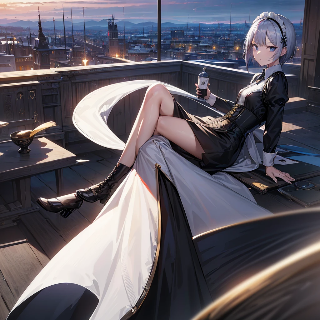 Illustration of one person, Dengeki Bunko, Woman Looking Back, Perfect Human Medicine, Woman keeps falling, {{{{{Maid clothes}}}}},Small Tits,anime, Two legs, Cool,{{{{{50 year old woman}}}}} ,{{{{{a person is depicted}}}}},(Official Art、{{{{{Upper Bodyアングル}}}}},Highest quality、Unity 8k wallpaper、32k、masterpiece、Ultra-detailed、Ultra-high resolution, Realistic、Grab your hair with your hands, Photorealistic:1.2)、(Cinema Lighting:1.2)、,Fire Glow Effect、The most grainy shadows on the film、Rim Light、Side light、Side Shot、(Ultra-detailedで複雑な3Dレンダリング)、Very short hair, Short wolf hair,細部までBeautiful Faceと目、Sharp pupils、Realistic生徒、Slender、Highly detailed background、Beautiful Face、Beautiful girl、(Ultra-detailedなスキン、Detailed skin texture:1.Silver Hair:1.3)、Blunt bangs、blue eyes、{{{{{黒いMaid clothes}}}}}、White apron costume、Black knee socks、(Thighs Thighs Thighs Thighs:0.8)、Black Bhutanese sticks and a beautiful sunset、Medieval castle、Dancing on the Tower Roof、(avert your eyes、Overlooking the city:1.3)、Fantastic、Close your mouth and bite, Makes your face smaller, (Tabletop), Highest quality, Perfect Face, 1 Girl, alone, Eye color is light blue, Hair between the eyes, Very Short Hair, blue eyes, Silver Hair, Knee-high boots, corset,Black gloves, Long sleeve, Upper Body,
