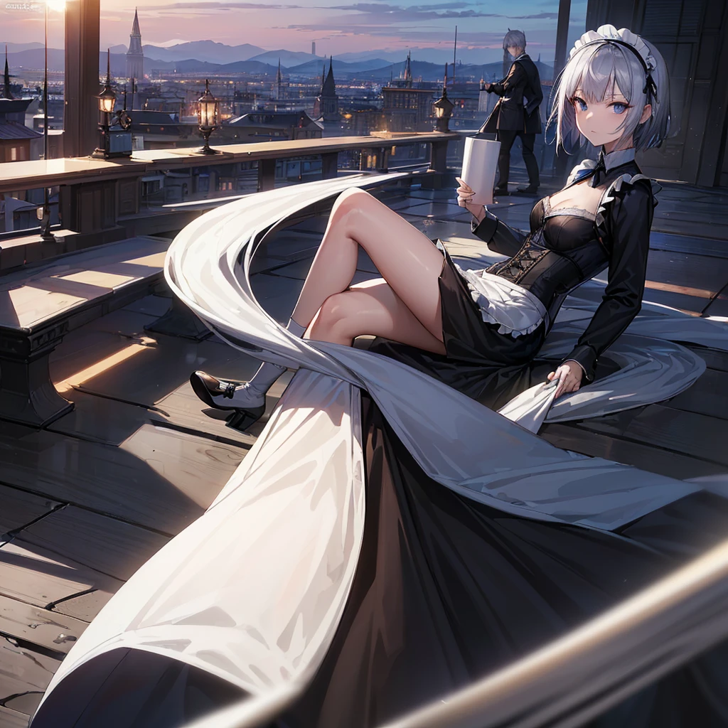 Illustration of one person, Dengeki Bunko, Woman Looking Back, Perfect Human Medicine, Woman keeps falling, {{{{{Maid clothes}}}}},Small Tits,anime, Two legs, Cool,{{{{{50 year old woman}}}}} ,{{{{{a person is depicted}}}}},(Official Art、{{{{{Upper Bodyアングル}}}}},Highest quality、Unity 8k wallpaper、32k、masterpiece、Ultra-detailed、Ultra-high resolution, Realistic、Grab your hair with your hands, Photorealistic:1.2)、(Cinema Lighting:1.2)、,Fire Glow Effect、The most grainy shadows on the film、Rim Light、Side light、Side Shot、(Ultra-detailedで複雑な3Dレンダリング)、Very short hair, Short wolf hair,細部までBeautiful Faceと目、Sharp pupils、Realistic生徒、Slender、Highly detailed background、Beautiful Face、Beautiful 16 year old girl、(Ultra-detailedなスキン、Detailed skin texture:1.Silver Hair:1.3)、Blunt bangs、blue eyes、{{{{{黒いMaid clothes}}}}}、White apron costume、Black knee socks、(Thighs Thighs Thighs Thighs:0.8)、Black Bhutanese sticks and a beautiful sunset、Medieval castle、Dancing on the Tower Roof、(avert your eyes、Overlooking the city:1.3)、Fantastic、Close your mouth and bite, Makes your face smaller, (Tabletop), Highest quality, Perfect Face, 1 Girl, alone, Eye color is light blue, Hair between the eyes, Very Short Hair, blue eyes, Silver Hair, Knee-high boots, corset,Black gloves, Long sleeve, Upper Body,