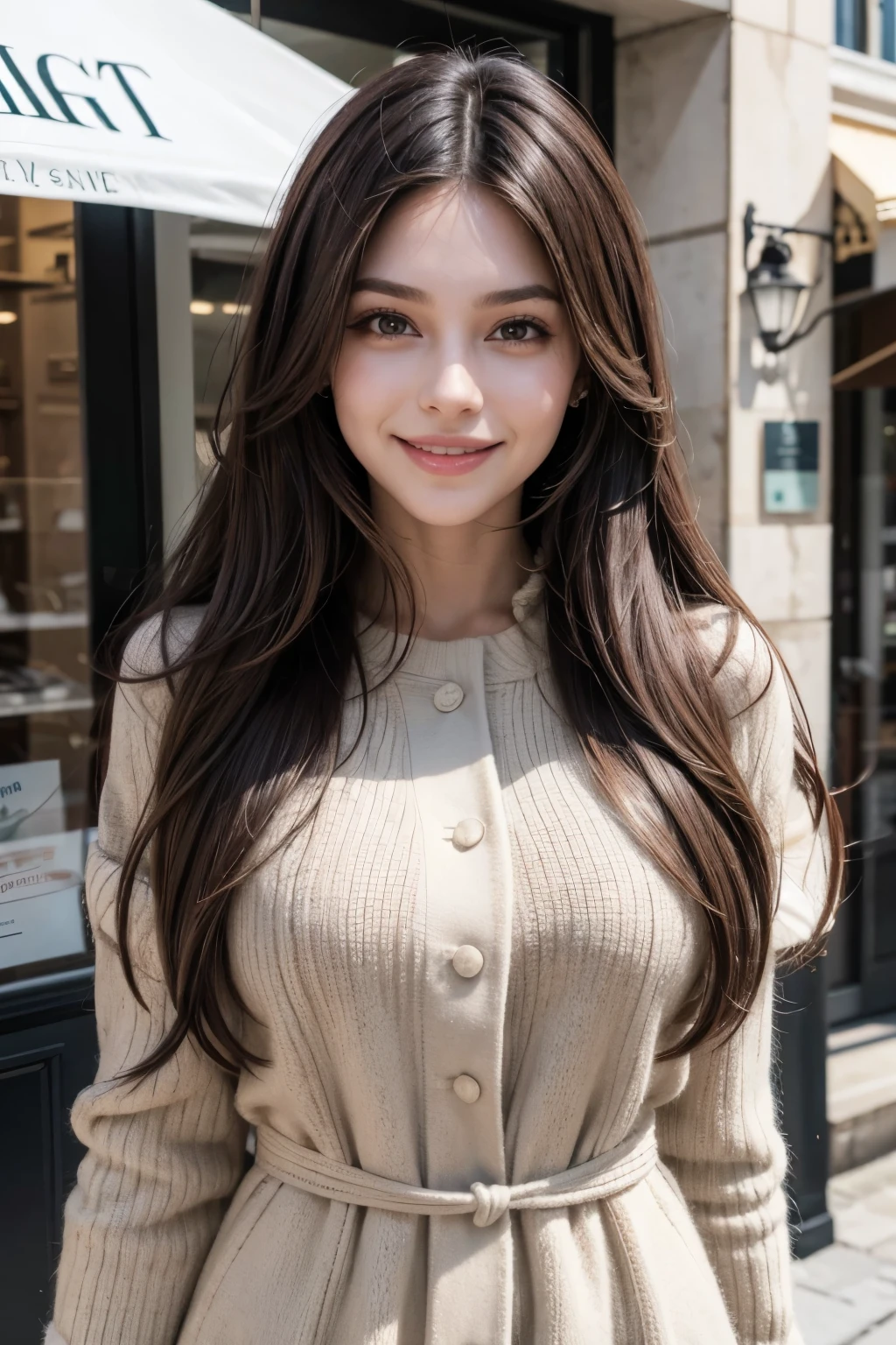 Brunetette, social, businesswoman, chic,Longhaire, smiling,