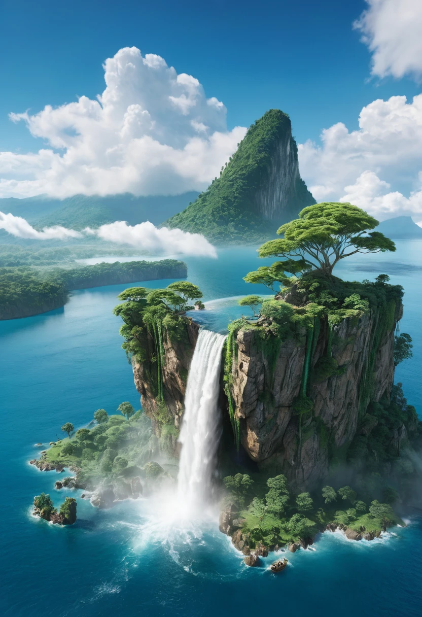 ({{highres,}},masterpiece,ultra-detailed,best quality,8k)cloud, sky, scenery, day, blue_sky, mountain, cloudy_sky, outdoors, waterfall, fantasy, horizon, cliff, rock, water, landscape, mountainous_horizon, ocean, tree, river, floating_island