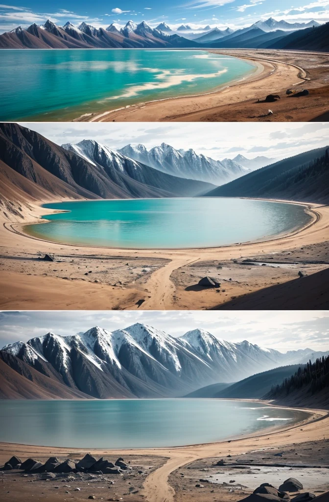 the image is divided into two parts, both parts depict the same place on Lake Baikal, only the first place is littered and cloudy, smoky, and in the second picture the place is also clean, beautiful, sunny weather, place: the shore of Lake Baikal, sandy beach, surf, Mountains and snowy peaks in the distance. super realistic, lots of details (millions), accurate rendering of textures. and structures of natural objects, a striking image that evokes an emotional response with contrast