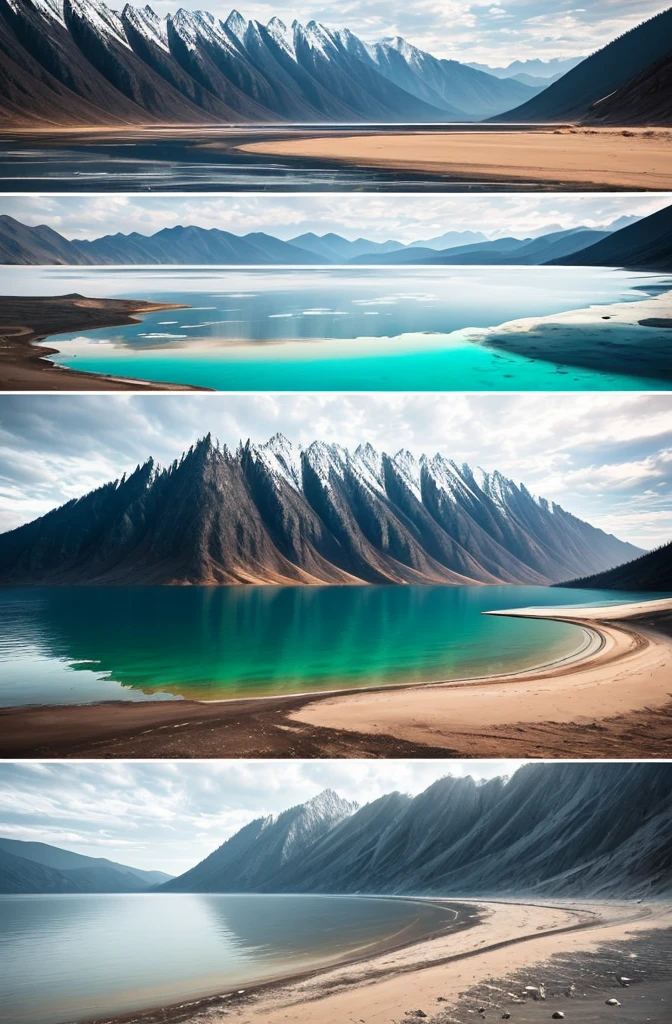 the image is divided into two parts, both parts depict the same place on Lake Baikal, only the first place is littered and cloudy, smoky, and in the second picture the place is also clean, beautiful, sunny weather, place: the shore of Lake Baikal, sandy beach, surf, Mountains and snowy peaks in the distance. super realistic, lots of details (millions), accurate rendering of textures. and structures of natural objects, a striking image that evokes an emotional response with contrast