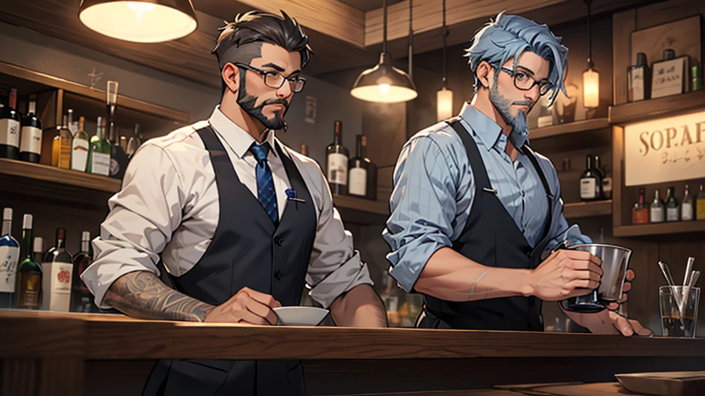 Grey and blue mesh short hair、Glasses、male、bartender、Long shirt、Beard、bar counter