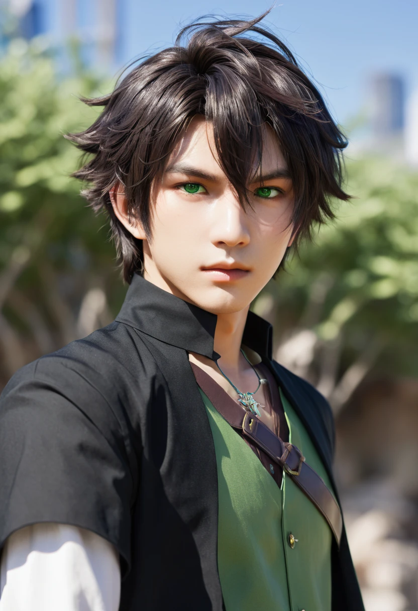 (((Only one character))), Profile, 1 boy, male, brownskin, black hair, green eyes, Kaeya Genshin Impact, Final Fantasy XIV, attack stance.