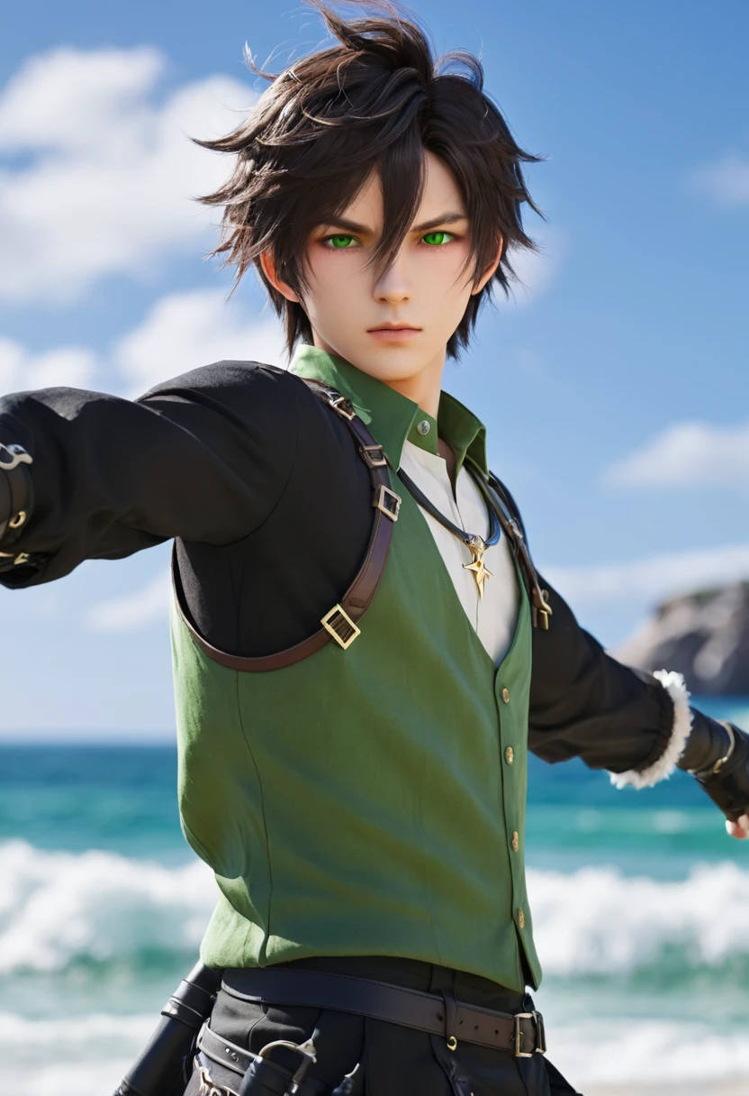 (((Only one character))), Profile, 1 boy, male, brownskin, black hair, green eyes, Kaeya Genshin Impact, Final Fantasy XIV, attack stance.
