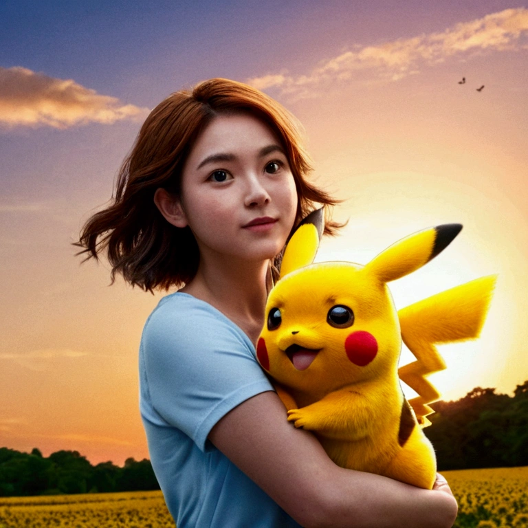 head of'artwork,best quality,cinematic image of the film,pikachu,Sure,To be held in the arms of'une fille,floating in the sky,gros plan décolleté,brilliantly,gaiety,warm and soft lighting,sunset,(Spark of light:0.7)