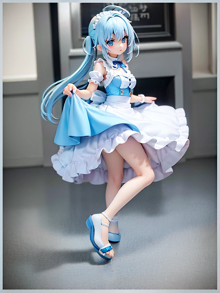 One Girl,Light blue hair,Yellow and light blue eyes,Odd Eye,Long ponytail,Bangs,Ahoge,Maid clothes,Big white ribbon in hair,Android,Figure style,whole body,Character portrait.toes