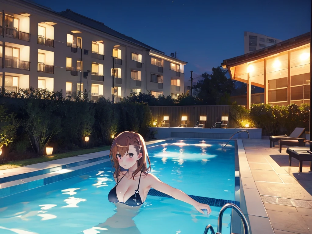 night, Hotel swimming pool, Night Party, Pool Party, (masterpiece), highest quality, Misaka Mikoto, 3girls, uhd, retina, masterpiece, ccurate, anatomically correct, textured skin, super detail, high details, high quality, best quality, highres, 4K