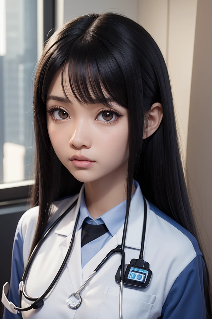 PIXAR STYLE 3D A LIGHT SKIN WOMAN WITH LONG STRAIGHT HAIR BLACK COLOR CHEEKED SMALL EYES WITH MEDICAL UNIFORM A WELL LIT BACKGROUND 
