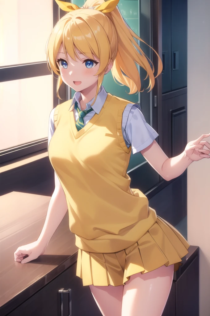 Eri Aase, catalyst, Yellow Hair, blue eyes, ponytail, Hair Ribbon, break otonokizaka , pleated skirt, Large green ribbon tie, Short sleeve, skirt, Summer clothes, Sweater vest, (yellow Sweater vest:1.5), break looking at viewer, break indoors, classroom, break (masterpiece:1.2), Highest quality, High resolution, unity 8k wallpaper, (figure:0.8), (Beautiful attention to detail:1.6), (Perfect hands, Perfect Anatomy), Highly detailed face, Perfect lighting, Highly detailed CG, (Perfect hands, Perfect Anatomy), , (3D Face:1.1), (Shiny skin:1.5), (超High resolution intricate face details), (Facial skin pores:1.3), 超High resolution cloth texture, Big smile、Blushing、Open your mouth, Showing off her perfect legs