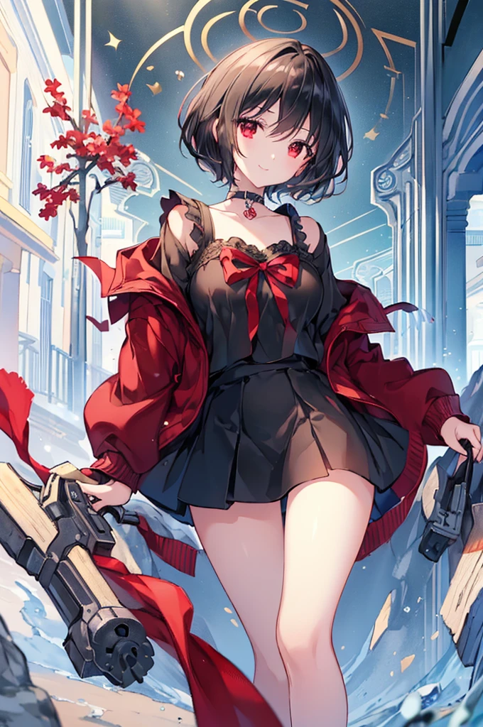 (masterpiece, highest quality, highest quality, (No text), Beautiful and aesthetic:1.2),No text,アニメ、BREAK,One Girl,Black Hair Girl short hair older sister choker Tree Eyes Beautiful eyes Red eyes cool smile Red and Black Black jacket mini skirt whole body In town