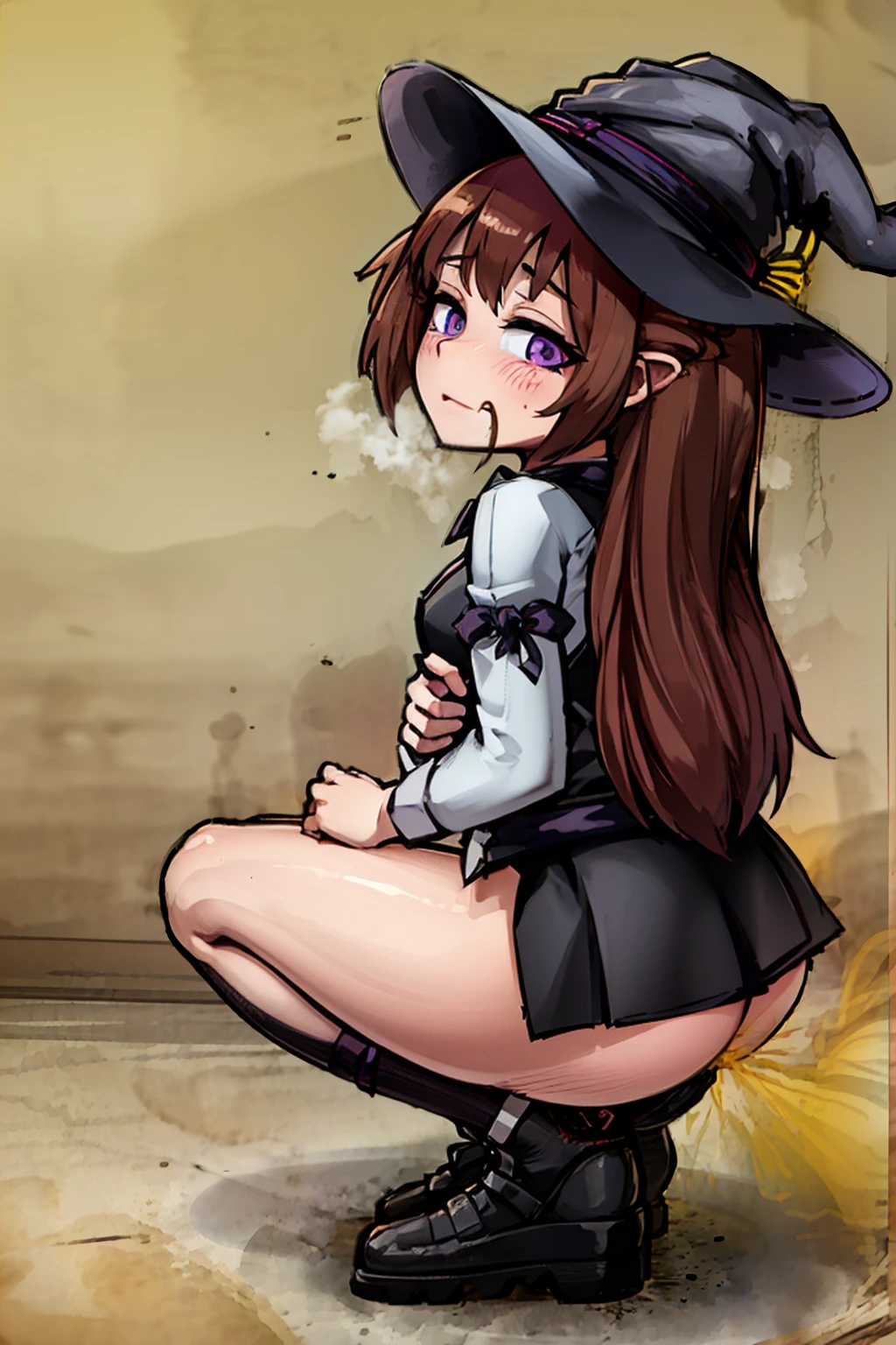 Witch Hat (Brown Hair) Long Hair (((Small breasts))) (Purple Eyes) ((())) (Slanted Eyes) (((low length))) ,(Turn around)  (((solo))),  Embarrassed,  blush, uniform、 (((A girl farts)))Standing with legs together、((Squat))
、(Holding on)((Her butt is facing me))  (((Loli face)))(((Yellow gas leaking from the anus)))(((high quality)))