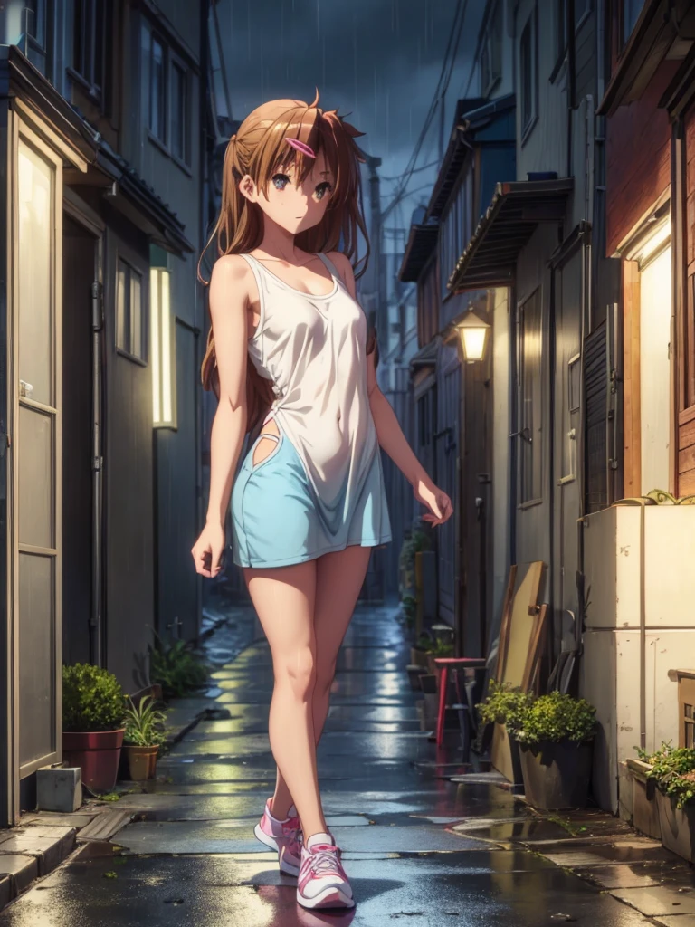 Girl, blue short tight dress , Bare breasts, chest visible, street background, Narrow passage between houses, night, rain, slim body, In full growth, Sneakers, small breast, You can see the ass