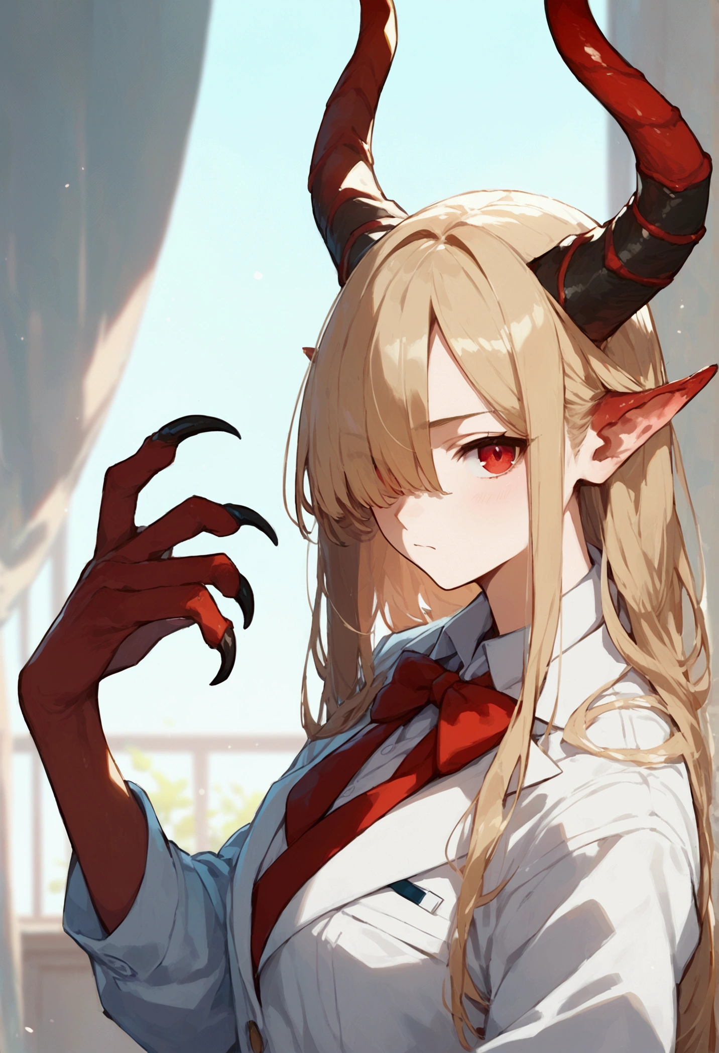 score_9,score_8_up,score_7_up,score_6_up,1girl, best quality, solo, long hair, hair over one eye, looking at viewer, claws, horns, closed mouth, red eyes
