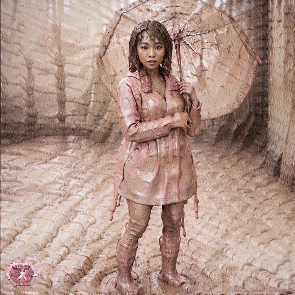 a beautiful asian woman holding a pink umbrella, cute pose, wearing a pink buttoned raincoat, tall pink rain boots, ((((muddy clothes)))), intricate details, highly detailed, masterpiece, 8k, photorealistic, cinematic lighting, vibrant colors, soft focus, elegant, feminine, beautiful, serene, graceful