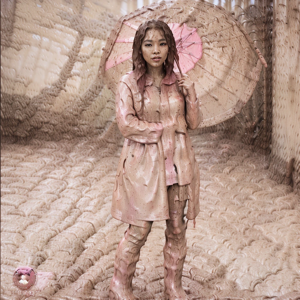 a beautiful asian woman holding a pink umbrella, cute pose, wearing a pink buttoned raincoat, tall pink rain boots, ((((muddy clothes)))), intricate details, highly detailed, masterpiece, 8k, photorealistic, cinematic lighting, vibrant colors, soft focus, elegant, feminine, beautiful, serene, graceful