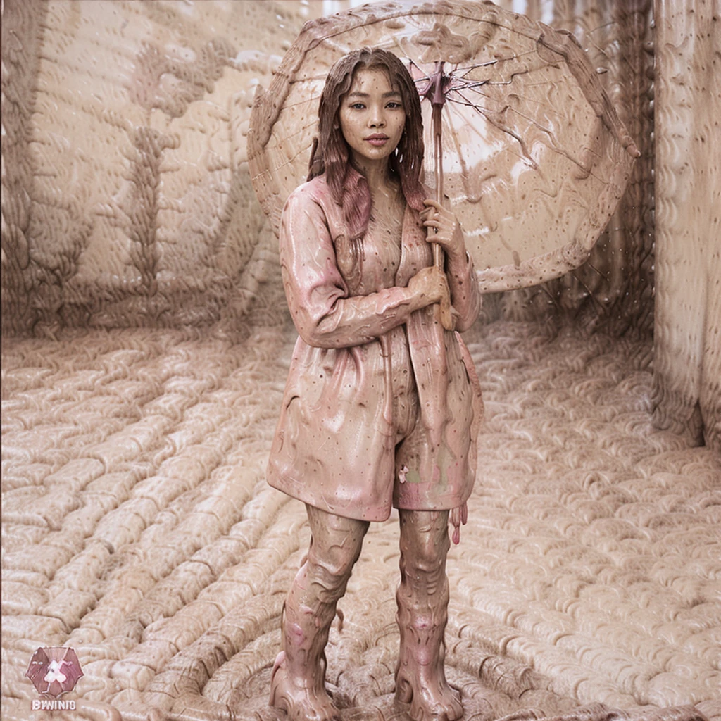 a beautiful asian woman holding a pink umbrella, cute pose, wearing a pink buttoned raincoat, tall pink rain boots, ((((muddy clothes)))), intricate details, highly detailed, masterpiece, 8k, photorealistic, cinematic lighting, vibrant colors, soft focus, elegant, feminine, beautiful, serene, graceful