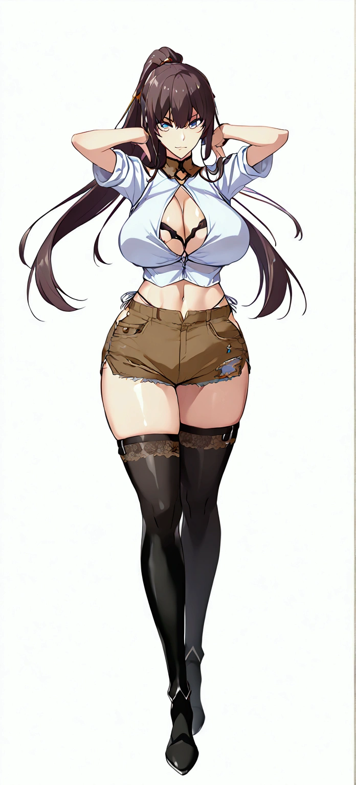 Black thigh-high boots,Beige shorts,ponytail